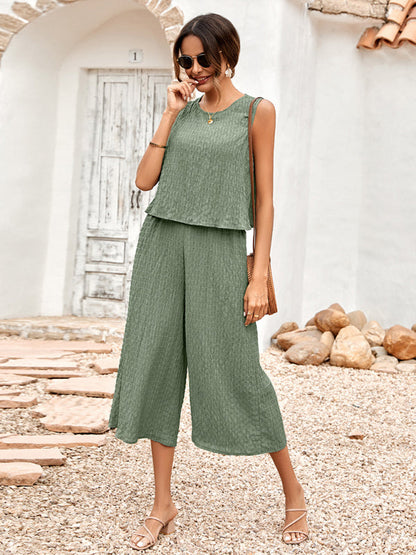 Casual Set Top + Trousers- Textured 2-Piece Loose Wide-Leg Capri Culottes + Tank Top- - Pekosa Women Clothing