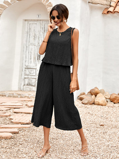 Casual Set Top + Trousers- Textured 2-Piece Loose Wide-Leg Capri Culottes + Tank Top- - Pekosa Women Clothing