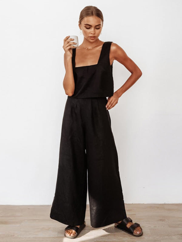 Casual Set Top + Trousers- Women's Casual Cotton Set - Vest + Elastic Waist Wide-leg Trousers- - Pekosa Women Clothing