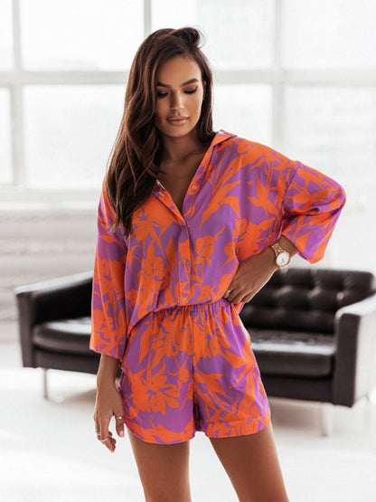 Casual Suit Shorts + Top- Cotton Blend Abstract Print Outfit Long Sleeve Shirt and Shorts- Orange Red- Pekosa Women Clothing