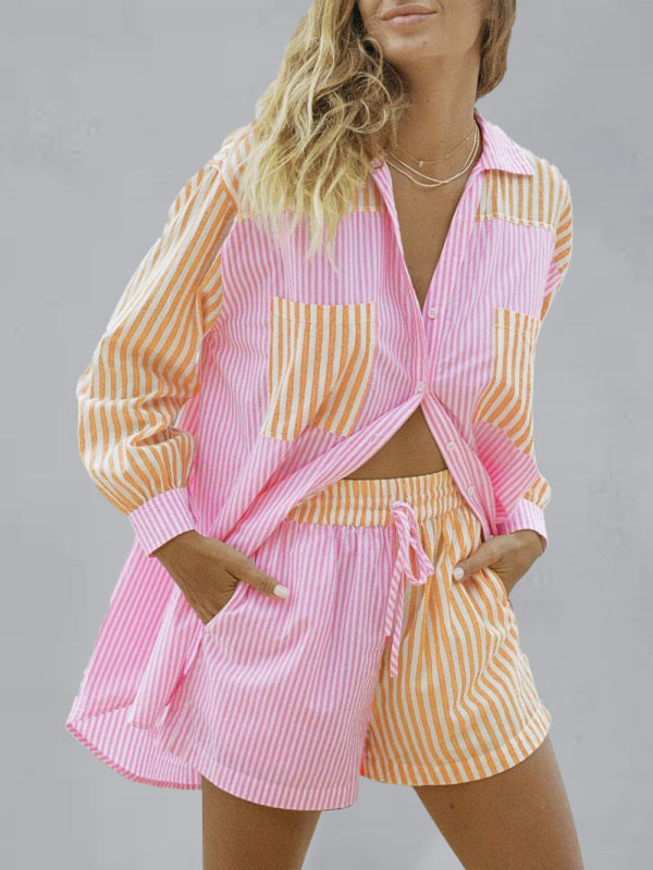 Casual Suit Shorts + Top- Cotton Stripe Casual Suit Shirt and Shorts Set- Pink- Pekosa Women Clothing