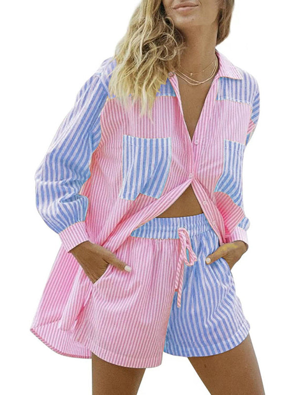 Casual Suit Shorts + Top- Cotton Stripe Casual Suit Shirt and Shorts Set- - Pekosa Women Clothing