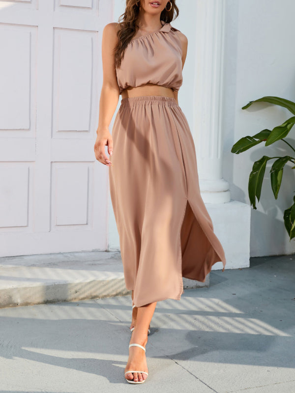 Casual Suit Skirt + Top- 2-Piece Solid Elastic Waist Long Skirt + Crop Top- - Pekosa Women Clothing