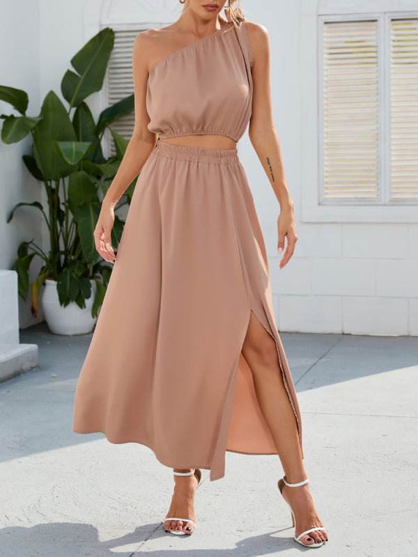 Casual Suit Skirt + Top- 2-Piece Solid Elastic Waist Long Skirt + Crop Top- - Pekosa Women Clothing