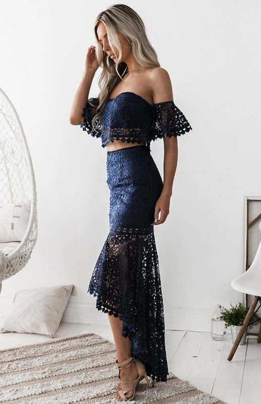 Casual Suit Skirt + Top- Guipure Lace Outfit Asymmetrical Maxi Skirt + Crop Top- Navy Blue- Pekosa Women Clothing