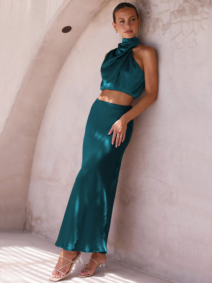 Casual Suit Top + Long Skirt- Satin Elegance: Women's Two Piece Set Cowl Crop Top and Long Skirt- - Pekosa Women Clothing