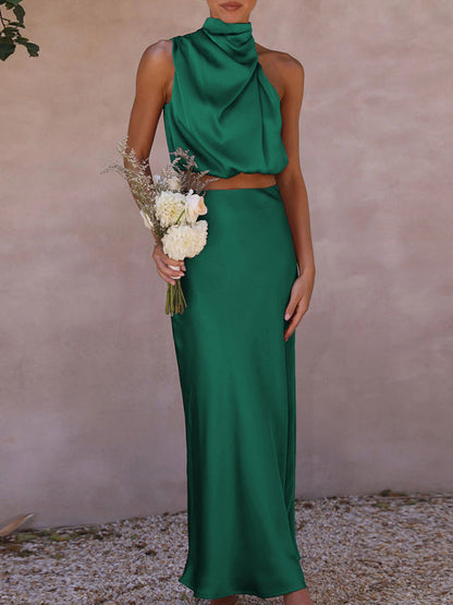 Casual Suit Top + Long Skirt- Satin Elegance: Women's Two Piece Set Cowl Crop Top and Long Skirt- Deep green- Pekosa Women Clothing