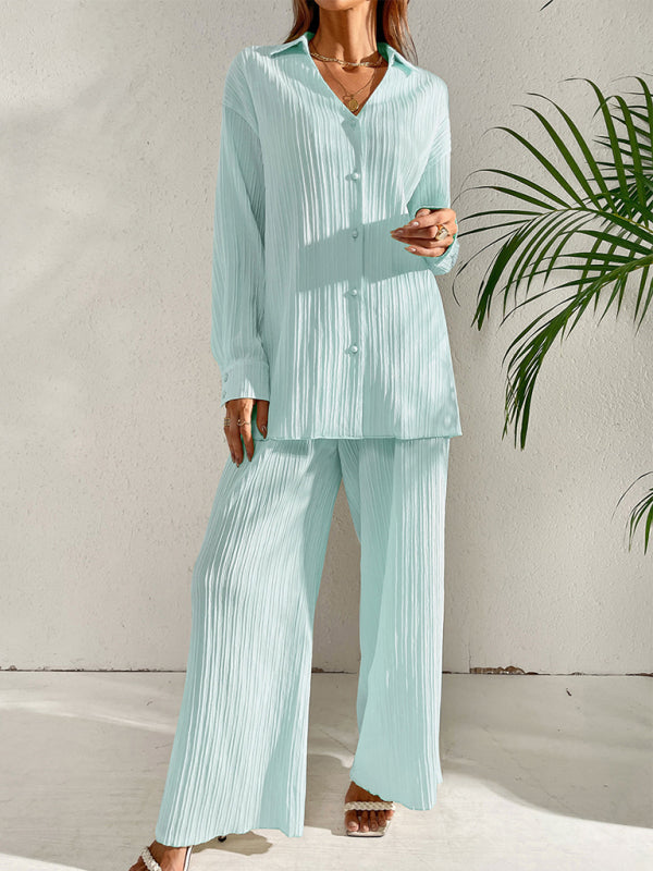 Casual Suit Top + Pants- Ribbed Two-Piece Casual Suit for Any Occasion - Top + Pants- Blue- Pekosa Women Clothing