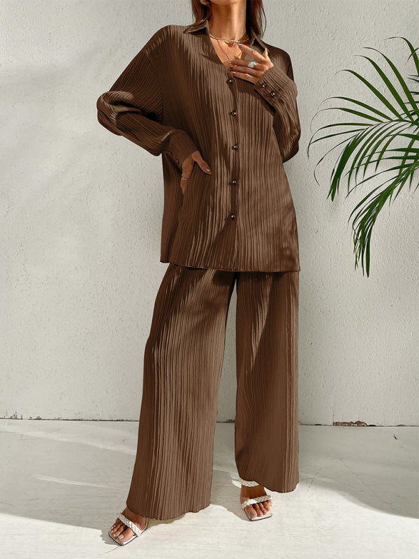 Casual Suit Top + Pants- Ribbed Two-Piece Casual Suit for Any Occasion - Top + Pants- Brown- Pekosa Women Clothing