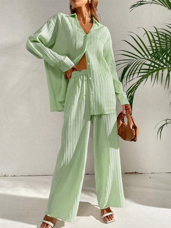 Casual Suit Top + Pants- Ribbed Two-Piece Casual Suit for Any Occasion - Top + Pants- Green- Pekosa Women Clothing