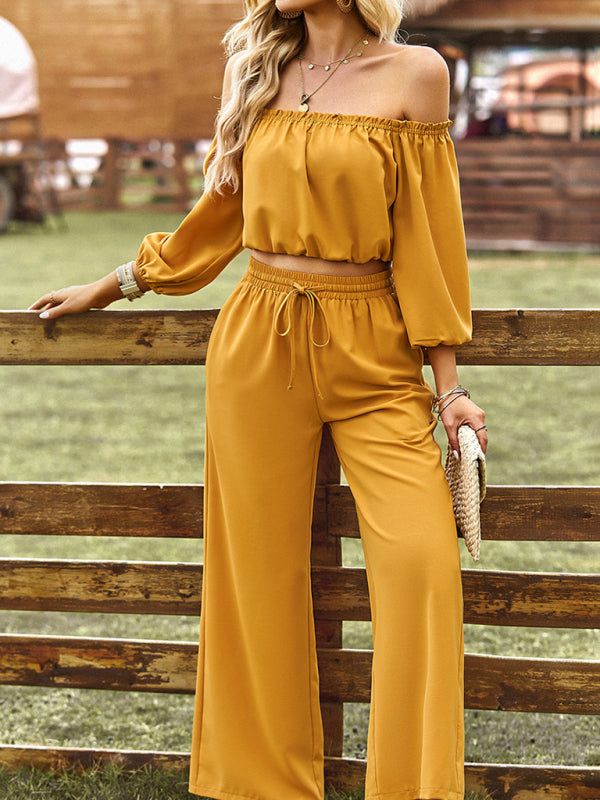 Casual Suit Top + Pants- Solid Two piece Outfit Long Sleeve Crop Top and Pants- Yellow- Pekosa Women Clothing