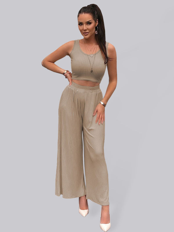 Casual Suit Top+ Pants- Women's Casual Suit - Comfortable and Stylish Two-Piece Set- Khaki- Pekosa Women Clothing