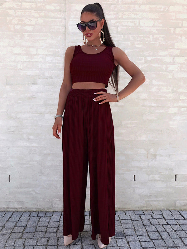 Casual Suit Top+ Pants- Women's Casual Suit - Comfortable and Stylish Two-Piece Set- Wine Red- Pekosa Women Clothing