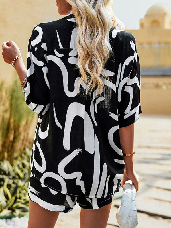 Casual Suit Top + Shorts- Abstract Print Two Piece Set Shirt and Shorts- - Pekosa Women Clothing