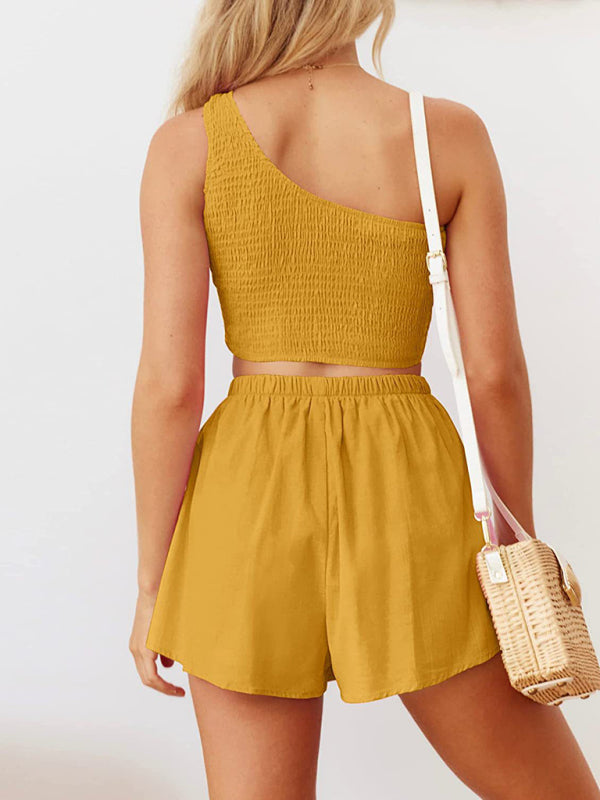 Casual Suit Top+ Shorts- Casual Summer Women Set - Smocked One Shoulder Crop Top and Shorts- - Pekosa Women Clothing