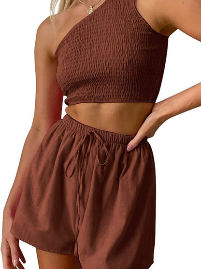 Casual Suit Top+ Shorts- Casual Summer Women Set - Smocked One Shoulder Crop Top and Shorts- Brown- Pekosa Women Clothing