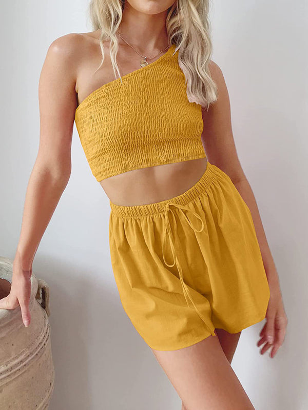 Casual Suit Top+ Shorts- Casual Summer Women Set - Smocked One Shoulder Crop Top and Shorts- Yellow- Pekosa Women Clothing