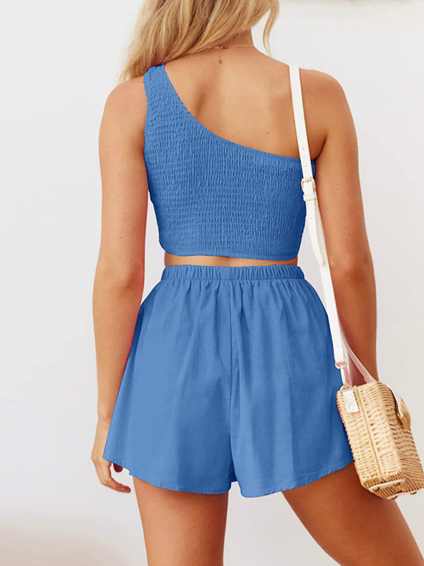 Casual Suit Top+ Shorts- Casual Summer Women Set - Smocked One Shoulder Crop Top and Shorts- - Pekosa Women Clothing