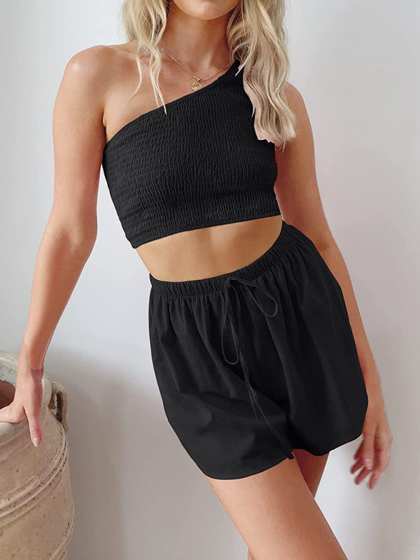 Casual Suit Top+ Shorts- Casual Summer Women Set - Smocked One Shoulder Crop Top and Shorts- Black- Pekosa Women Clothing