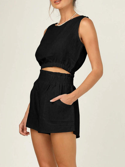 Casual Suit Top + Shorts- Solid Faux Linen Crop Tank Top and Smocked Waist Shorts 2-Piece- Black- Pekosa Women Clothing