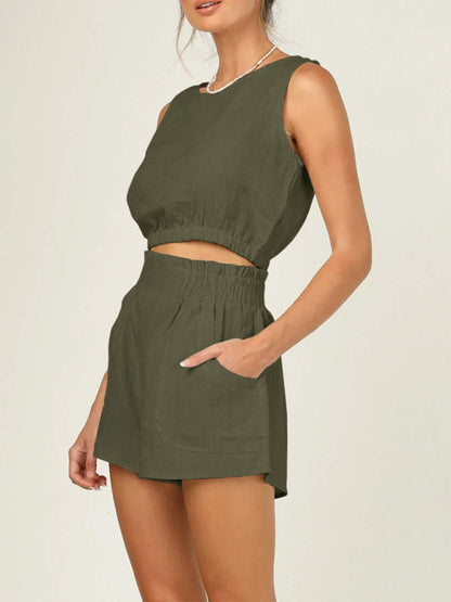 Casual Suit Top + Shorts- Solid Faux Linen Crop Tank Top and Smocked Waist Shorts 2-Piece- Olive green- Pekosa Women Clothing