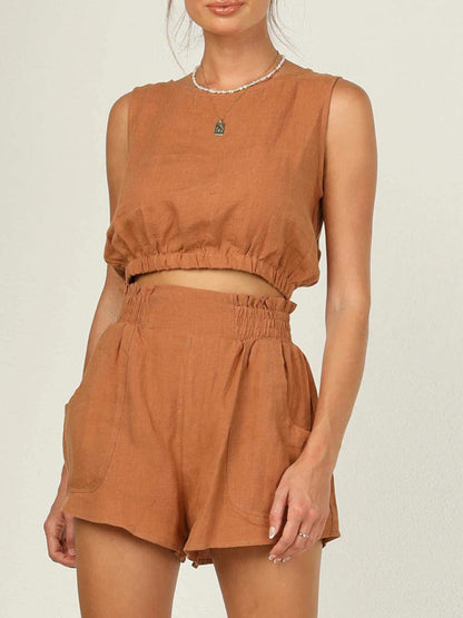 Casual Suit Top + Shorts- Solid Faux Linen Crop Tank Top and Smocked Waist Shorts 2-Piece- caramel- Pekosa Women Clothing