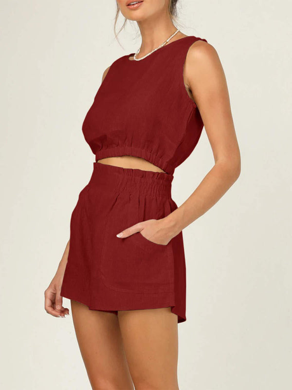 Casual Suit Top + Shorts- Solid Faux Linen Crop Tank Top and Smocked Waist Shorts 2-Piece- Wine Red- Pekosa Women Clothing