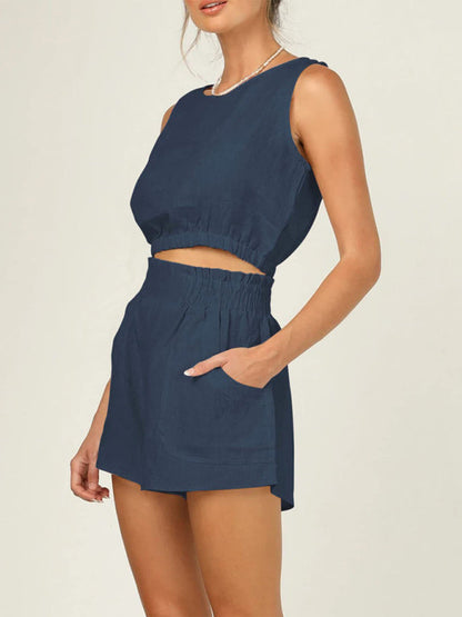 Casual Suit Top + Shorts- Solid Faux Linen Crop Tank Top and Smocked Waist Shorts 2-Piece- Navy Blue- Pekosa Women Clothing