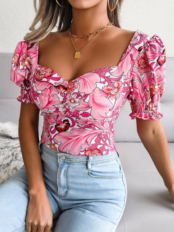 Casual Tops- Floral Fitted Smocked Back Blouse for Casual Gatherings- - Pekosa Women Clothing