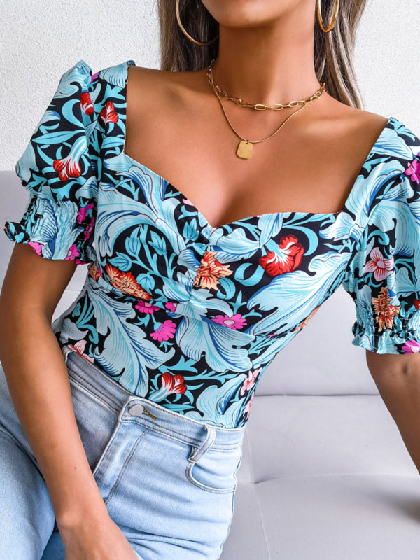 Casual Tops- Floral Fitted Smocked Back Blouse for Casual Gatherings- - Pekosa Women Clothing