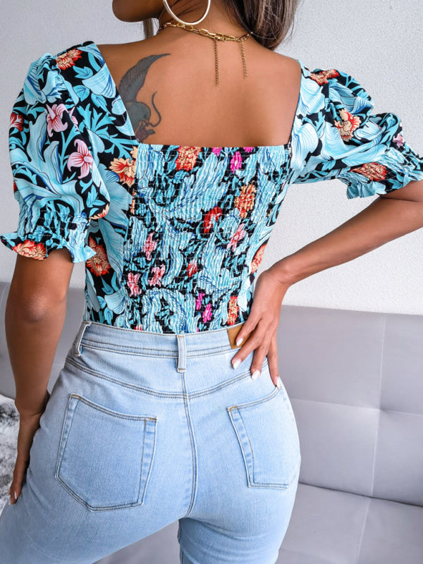 Casual Tops- Floral Fitted Smocked Back Blouse for Casual Gatherings- - Pekosa Women Clothing