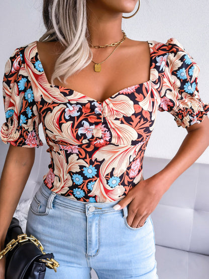 Casual Tops- Floral Fitted Smocked Back Blouse for Casual Gatherings- - Pekosa Women Clothing