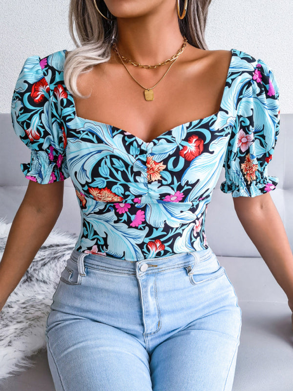 Casual Tops- Floral Fitted Smocked Back Blouse for Casual Gatherings- - Pekosa Women Clothing