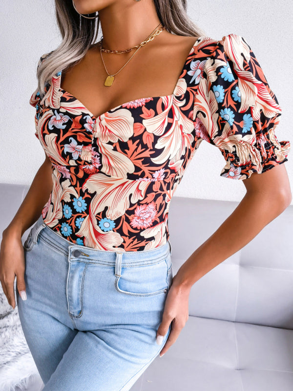 Casual Tops- Floral Fitted Smocked Back Blouse for Casual Gatherings- - Pekosa Women Clothing