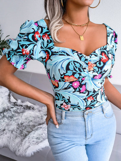 Casual Tops- Floral Fitted Smocked Back Blouse for Casual Gatherings- - Pekosa Women Clothing