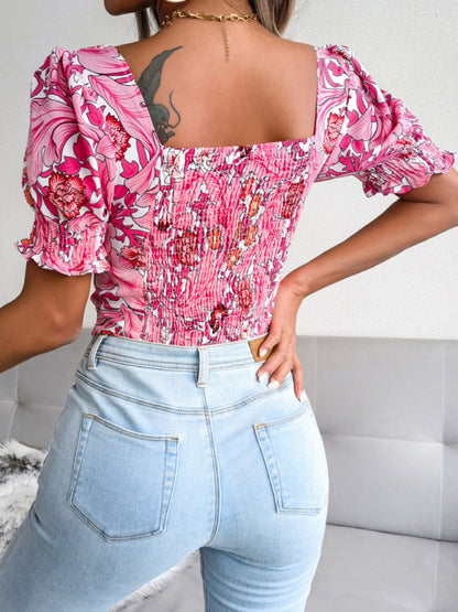 Casual Tops- Floral Fitted Smocked Back Blouse for Casual Gatherings- - Pekosa Women Clothing