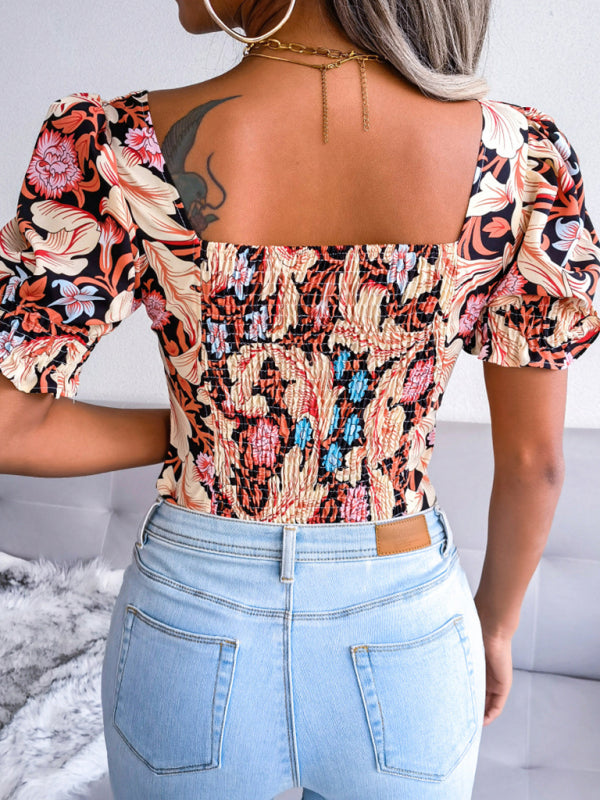 Casual Tops- Floral Fitted Smocked Back Blouse for Casual Gatherings- - Pekosa Women Clothing