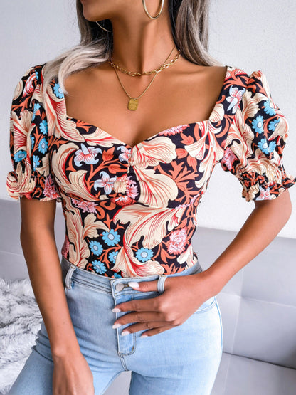 Casual Tops- Floral Fitted Smocked Back Blouse for Casual Gatherings- Black- Pekosa Women Clothing