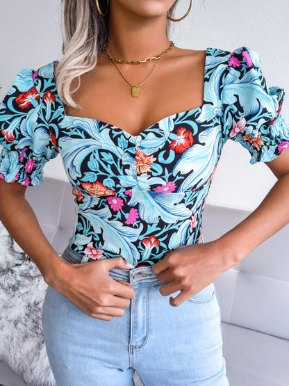 Casual Tops- Floral Fitted Smocked Back Blouse for Casual Gatherings- Blue- Pekosa Women Clothing