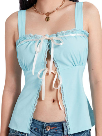 Casual Tops- Open Front Bow Cami Blouse with Lace Accents - Sleeveless Tie Top- Sky blue azure- Pekosa Women Fashion