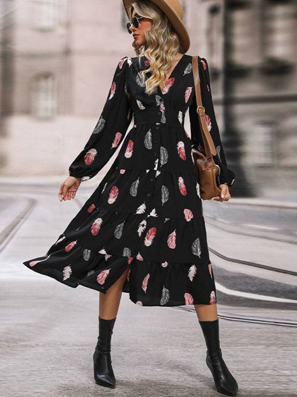 Casual dresses- Leafy Tiered Button Long Sleeve Midi Dress- - Pekosa Women Clothing