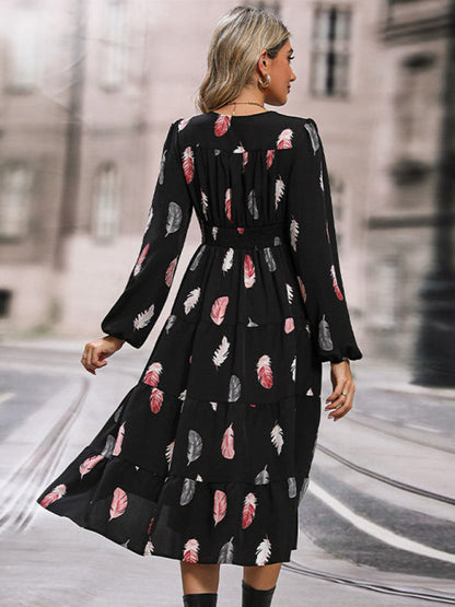 Casual dresses- Leafy Tiered Button Long Sleeve Midi Dress- - Pekosa Women Clothing