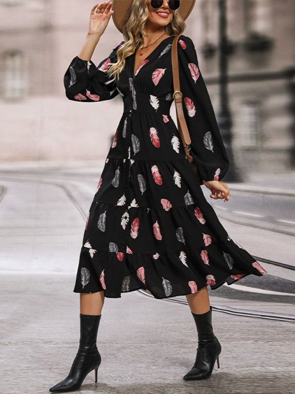 Casual dresses- Leafy Tiered Button Long Sleeve Midi Dress- - Pekosa Women Clothing