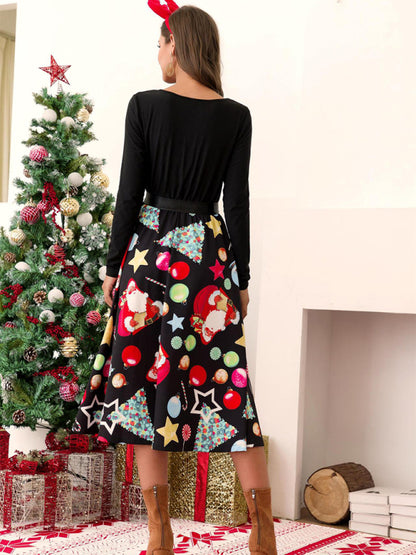 Christmas Dresses- Christmas Long Sleeve Belt-Tie A-Line Xmas Tea Swing Dress- - Pekosa Women Clothing