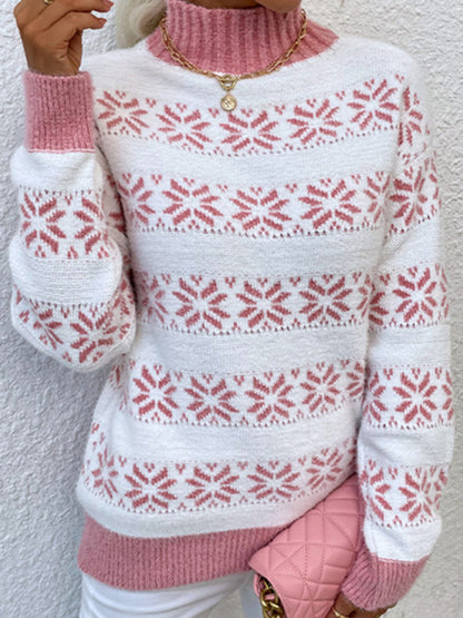 Christmas Sweater- Christmas Knit Mock Neck Snowflake Thanksgiving Sweater Jumper- Pink- Pekosa Women Clothing