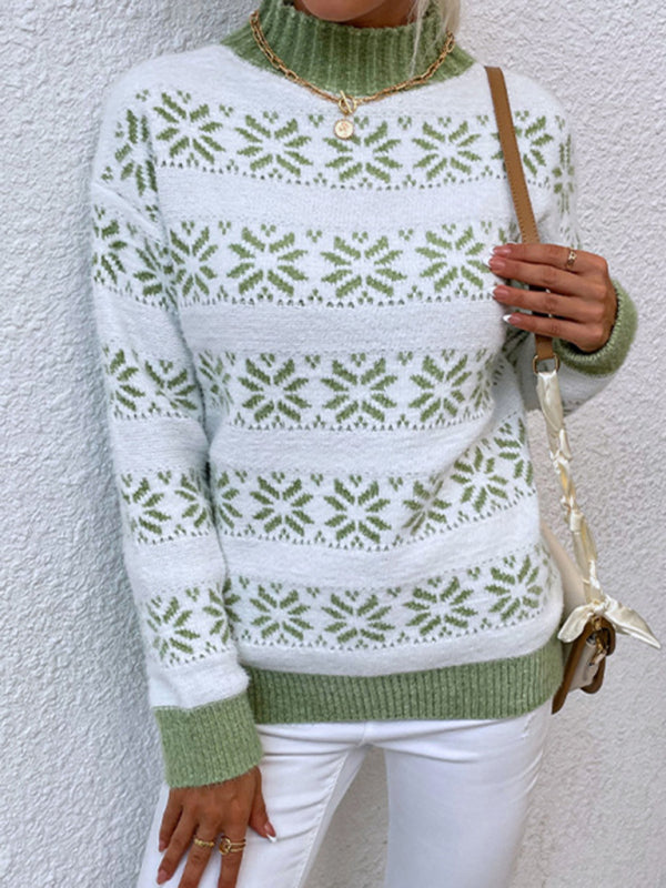 Christmas Sweater- Christmas Knit Mock Neck Snowflake Thanksgiving Sweater Jumper- Green- Pekosa Women Clothing