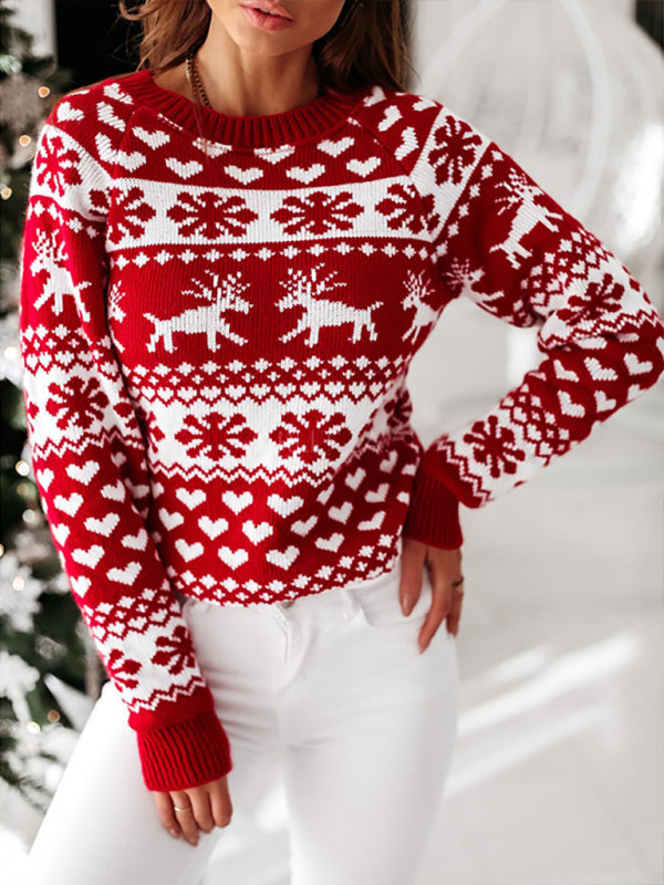 Christmas Sweater- Christmas Knit Round Neck Reindeer Thanksgiving Sweater Jumper- Red- Pekosa Women Clothing