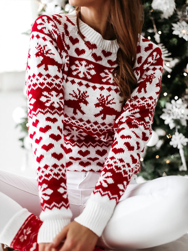 Christmas Sweater- Christmas Knit Round Neck Reindeer Thanksgiving Sweater Jumper- - Pekosa Women Clothing