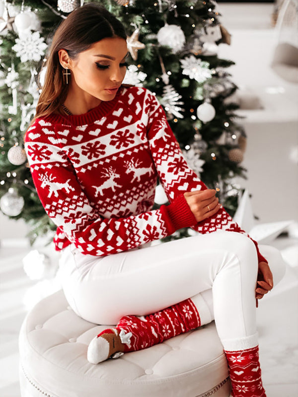 Christmas Sweater- Christmas Knit Round Neck Reindeer Thanksgiving Sweater Jumper- - Pekosa Women Clothing