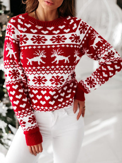 Christmas Sweater- Christmas Knit Round Neck Reindeer Thanksgiving Sweater Jumper- - Pekosa Women Clothing